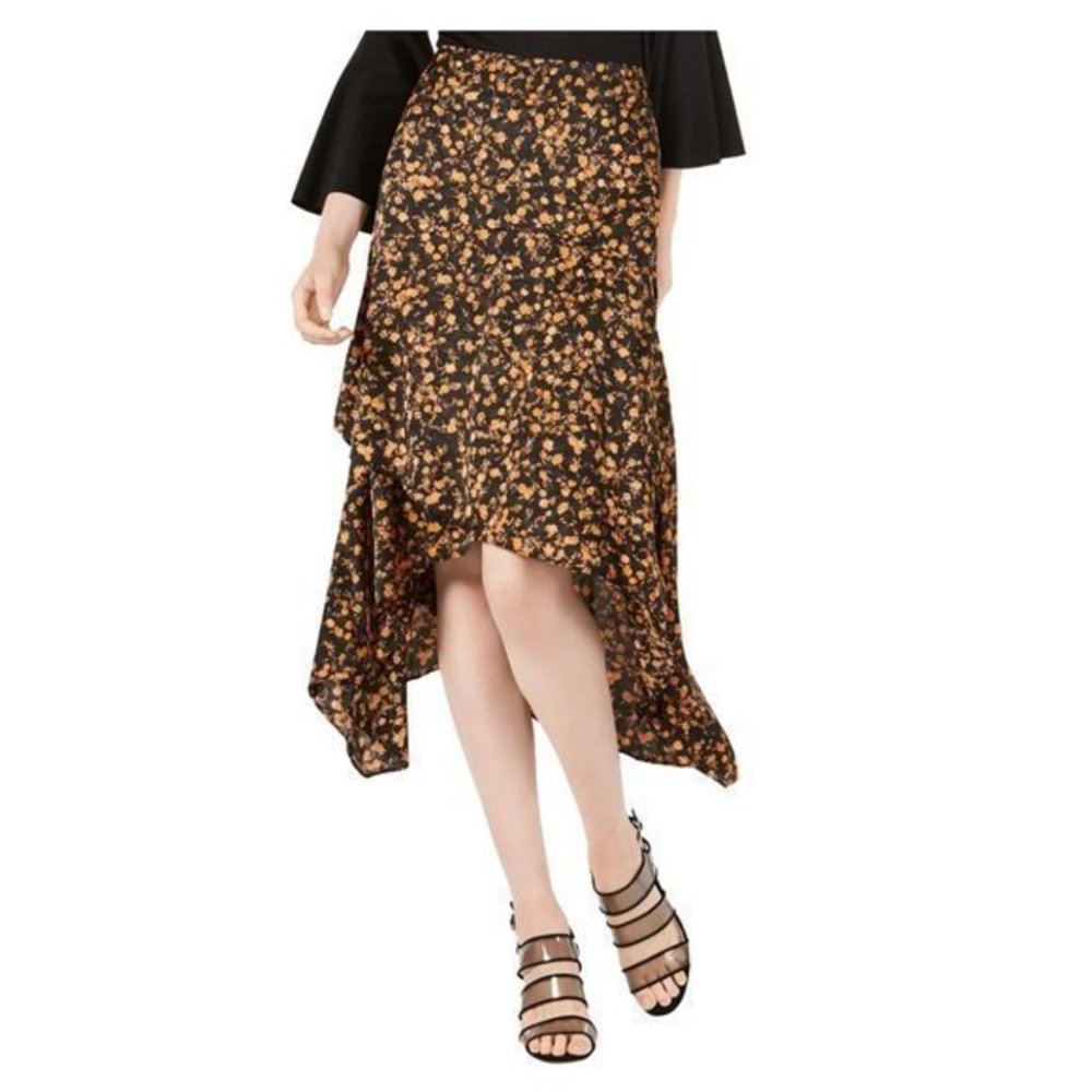 Bar III Black and Orange Floral High Low Skirt